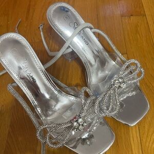 amazon crystal silver strap bow heels